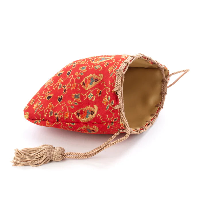Nishijin-ori Small Drawstring Bag - Flower, Fruit, and Tree / Red -, Made in Kyoto, Japan, Japanese traditional craft purse