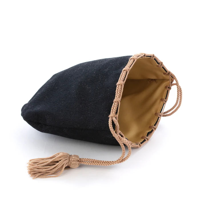 Nishijin-ori Small Drawstring Bag - Flower, Fruit, and Tree / Black -, Made in Kyoto, Japan, Japanese traditional craft purse