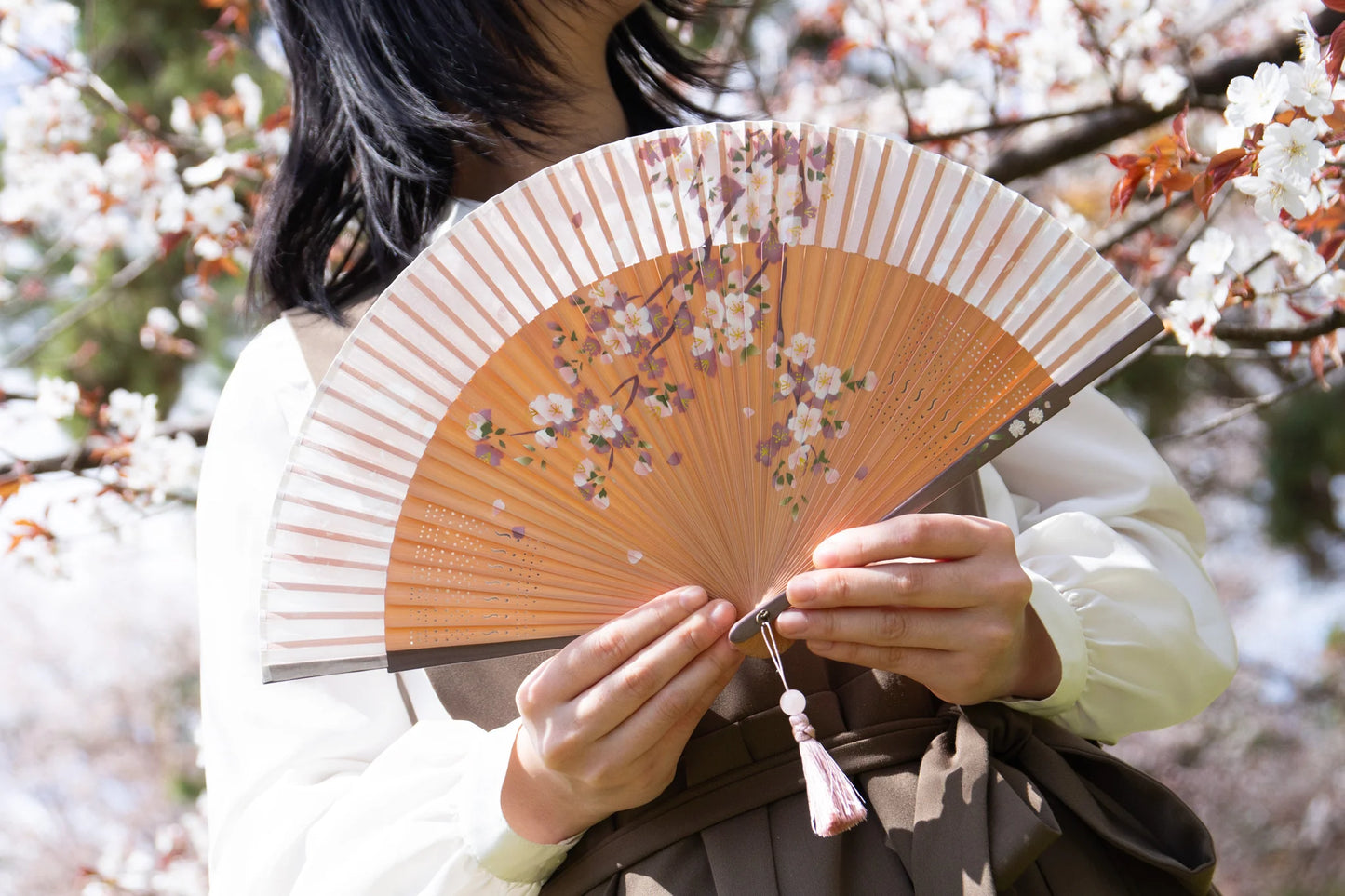 Cherry Blossom Sensu (Japanese folding fan) for Women - Mocha Beige -