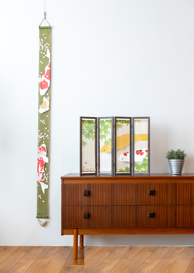 Hand-dyed Linen Japanese Narrow Tapestry - Japanese Koi Fish / Dark Yellowish Green -, Kyoto Noren, Japanese wall hanging scroll