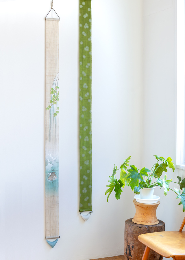 Hand-dyed Linen Japanese Narrow Tapestry with Incense - Pine -, Kyoto Noren, Japanese wall hanging scroll