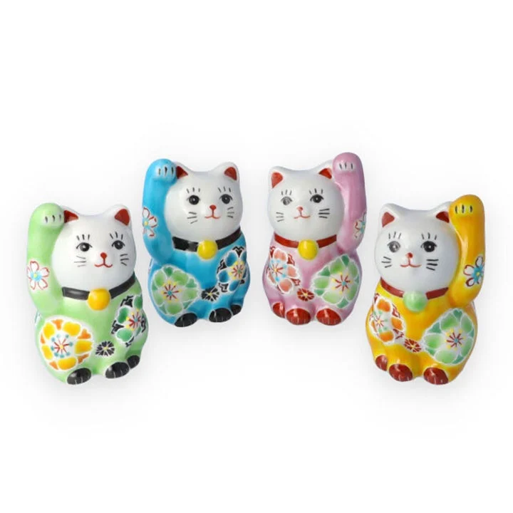 Kutani Yaki(ware) Japanese Maneki-Neko (Beckoning Cat) Figure - Cherry Blossom / Pink -, Japanese lucky cat figure