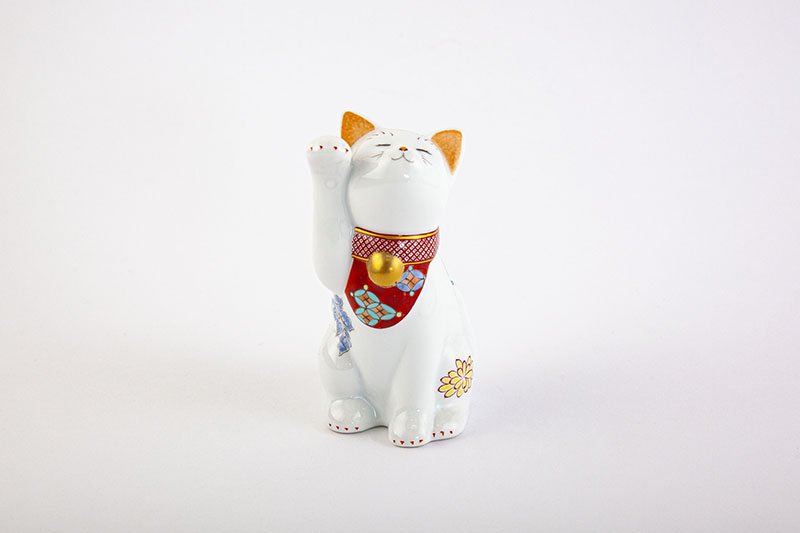 Arita Yaki(ware) Japanese Lucky Cat Figure - Chrysanthemum