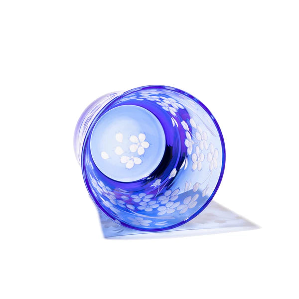 Edo Kiriko Glass Japanese Sake Cup - Cherry Blossom / Blue - , Made in Japan , traditional Japanese cut glass