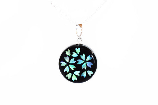Raden Pendant Necklace - Cherry Blossom / Green Color / Medium Size-, Japanese Lacquer Jewelry, Kyoto Jewelry