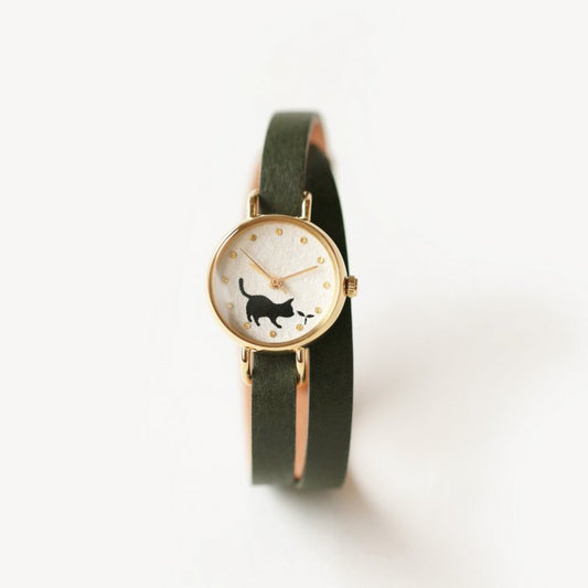 Women's Wristwatch - Cat and Seed Leaf, Japanese handmade wrist watch