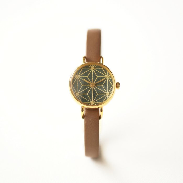 Women's Wristwatch - Camellia Leaf Color with Asanoha(hemp leaf) pattern, Japanese handmade wrist watch