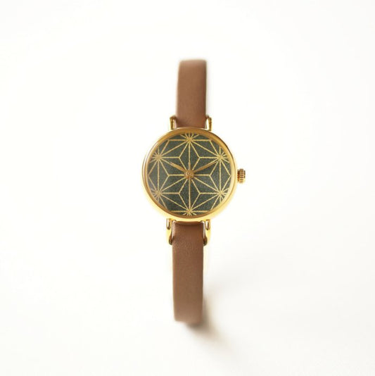 Women's Wristwatch - Camellia Leaf Color with Asanoha(hemp leaf) pattern, Japanese handmade wrist watch