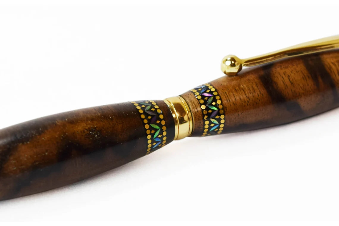 Raden Ballpoint Pen - Black Persimmon Wood Peacock Feather Pattern, Gifts for Writers, Japanese stationery