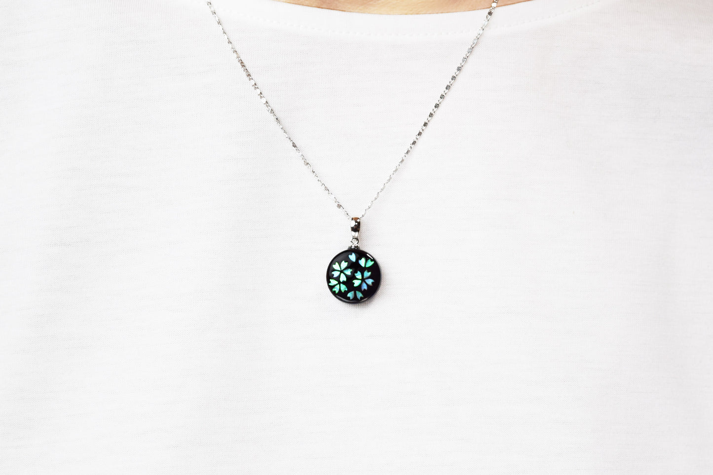 Raden Pendant Necklace - Cherry Blossom / Green Color / Medium Size-, Japanese Lacquer Jewelry, Kyoto Jewelry