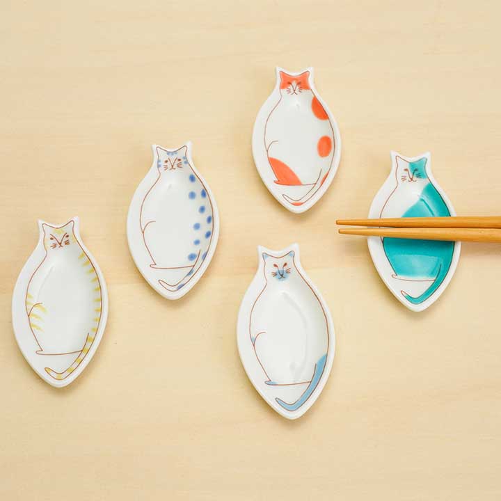 Kutani Yaki(ware) Chopstick Rest Set of 5pcs - Cat -,  Japanese Kutani Ware Chopstick Rest