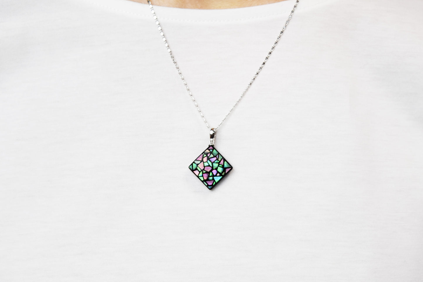 Raden Pendant Necklace - Stained Glass Style / Pink Color / Medium Size-, Japanese Lacquer Jewelry, Kyoto Jewelry