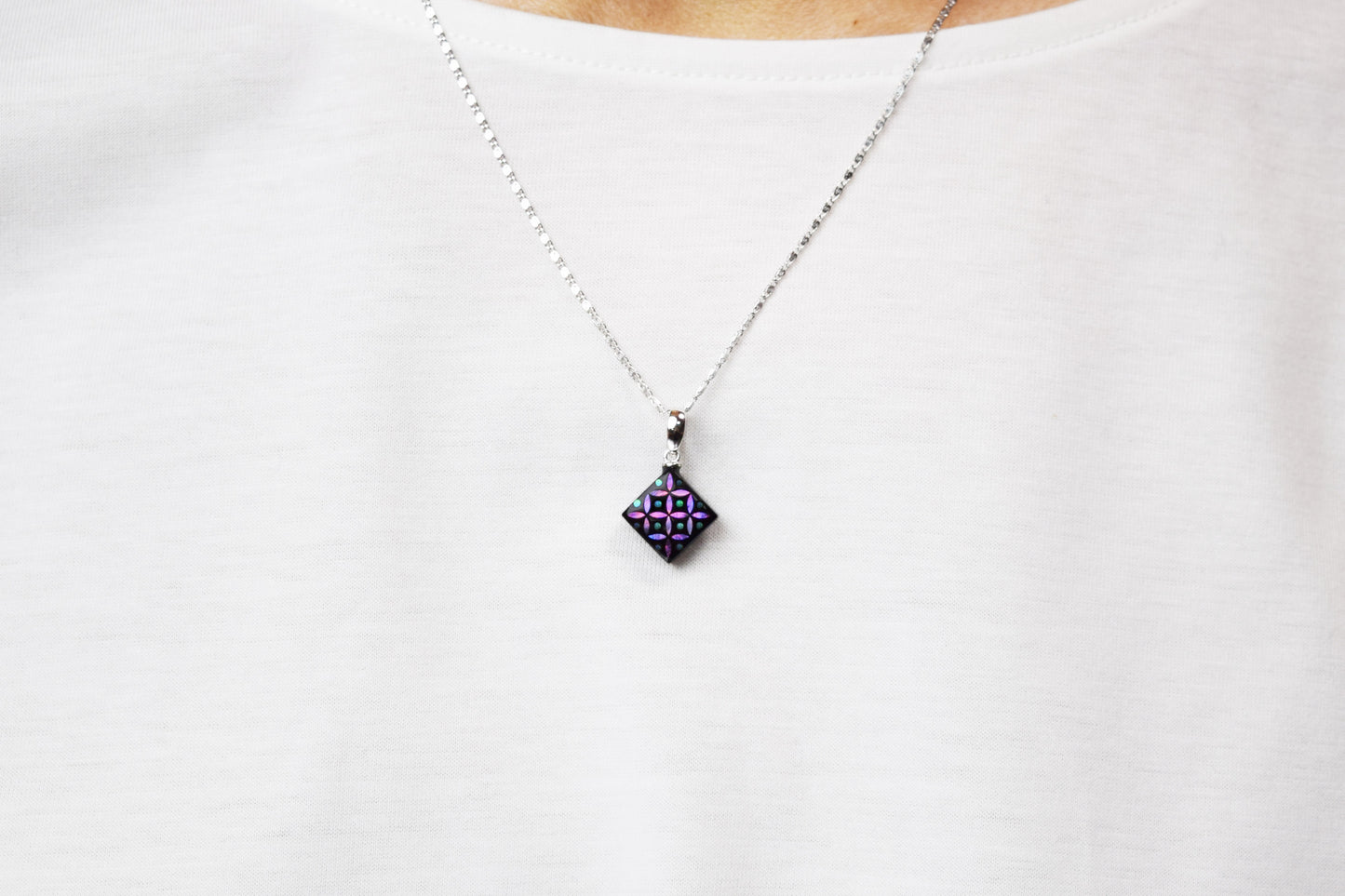 Raden Pendant Necklace - Shippo (Interlocking Circles Pattern) / Pink Color / Small Size-, Japanese Lacquer Jewelry, Kyoto Jewelry
