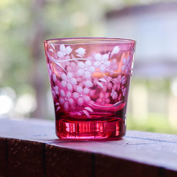 Edo Kiriko Old Glass - Cherry Blossom / Pink - , Rock Glass , Whiskey Glass , Made in Japan , traditional Japanese cut glass