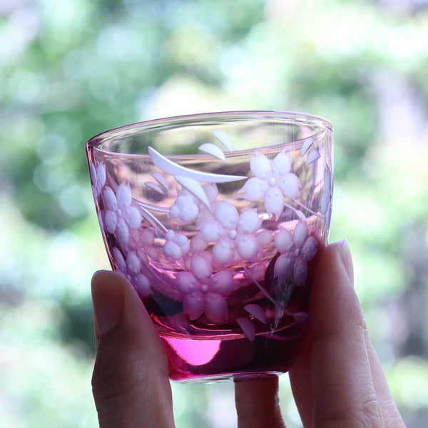 Edo Kiriko Glass Japanese Sake Cup - Cherry Blossom / Pink - , Made in Japan , traditional Japanese cut glass