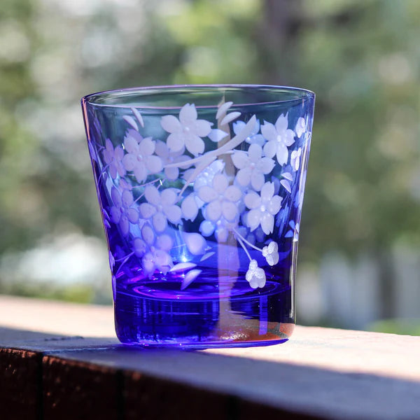 Edo Kiriko Old Glass - Cherry Blossom / Blue - , Rock Glass , Whiskey Glass , Made in Japan , traditional Japanese cut glass