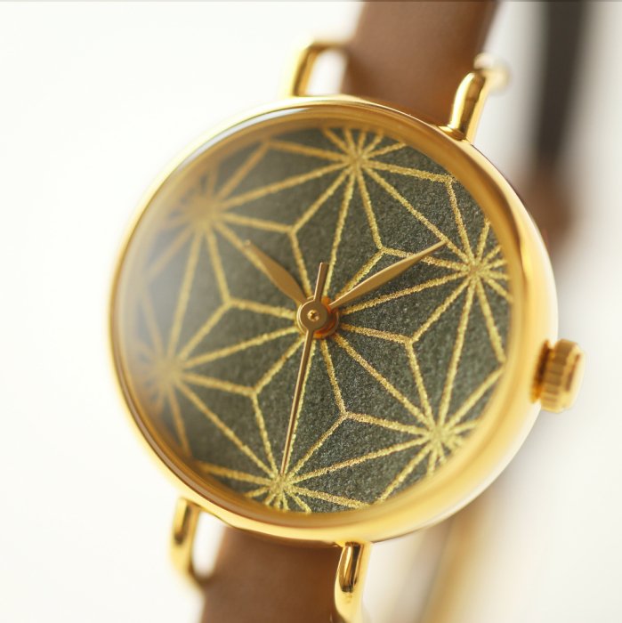 Women's Wristwatch - Camellia Leaf Color with Asanoha(hemp leaf) pattern, Japanese handmade wrist watch