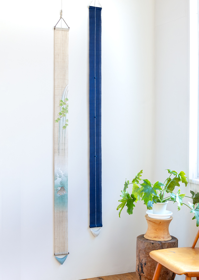 Hand-dyed Linen Japanese Narrow Tapestry with Hotaru Glass - Azure Color Glass -, Kyoto Noren, Japanese wall hanging scroll