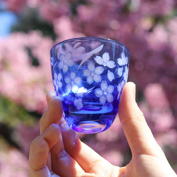 Edo Kiriko Glass Japanese Sake Cup - Cherry Blossom / Blue - , Made in Japan , traditional Japanese cut glass