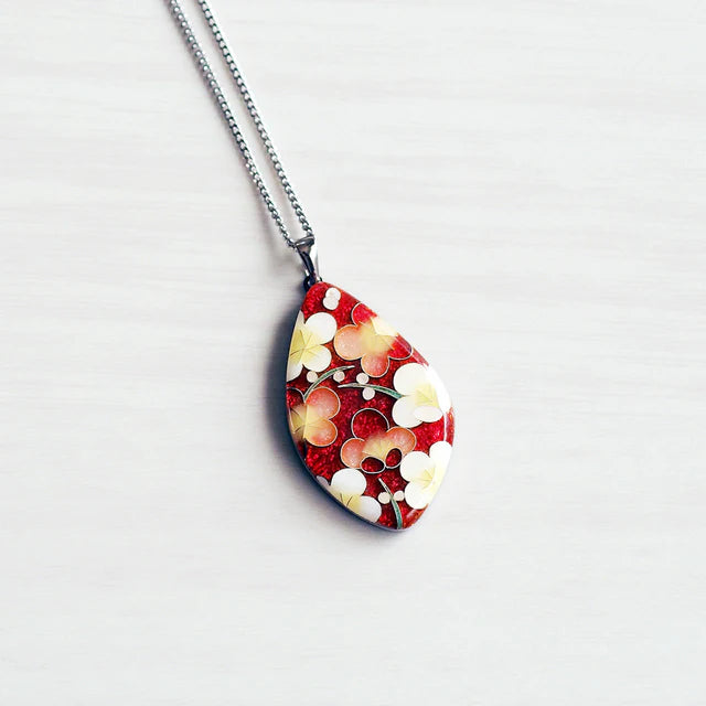 Yusen-Shippo Pendant Necklace - Red-Blossomed Plum Red , Japanese Jewelry