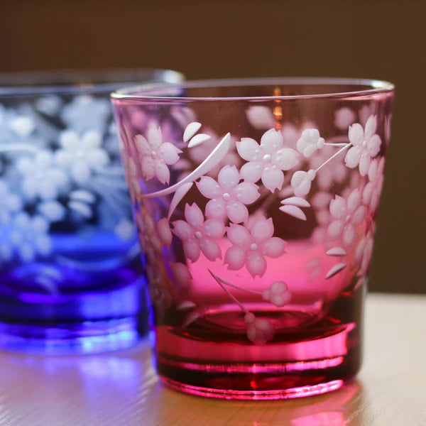 Edo Kiriko Old Glass - Cherry Blossom / Pink - , Rock Glass , Whiskey Glass , Made in Japan , traditional Japanese cut glass