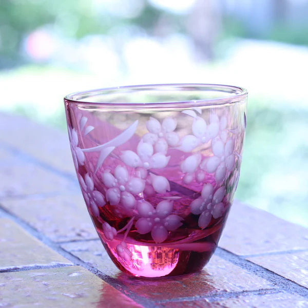 Edo Kiriko Glass Japanese Sake Cup - Cherry Blossom / Pink - , Made in Japan , traditional Japanese cut glass