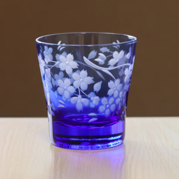 Edo Kiriko Old Glass - Cherry Blossom / Blue - , Rock Glass , Whiskey Glass , Made in Japan , traditional Japanese cut glass
