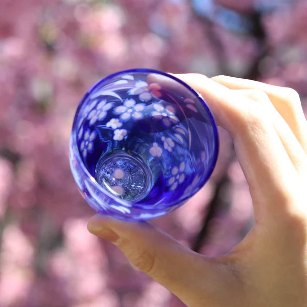 Edo Kiriko Glass Japanese Sake Cup - Cherry Blossom / Blue - , Made in Japan , traditional Japanese cut glass