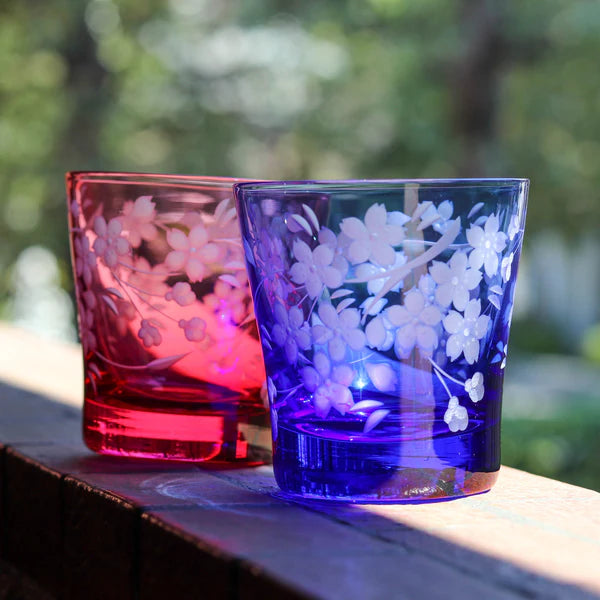 Edo Kiriko Old Glass - Cherry Blossom / Pink - , Rock Glass , Whiskey Glass , Made in Japan , traditional Japanese cut glass