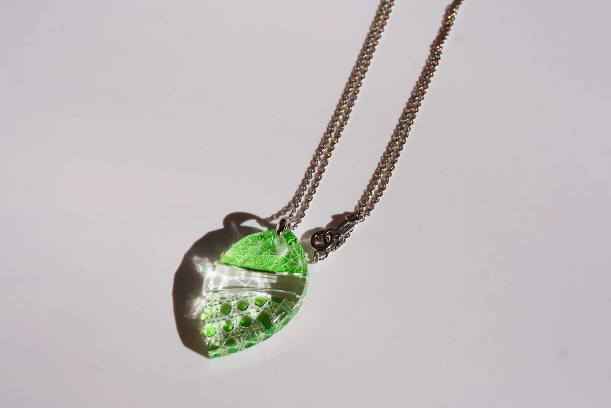 Kiriko Glass Pendant Necklace -Green-, Japanese Jewelry