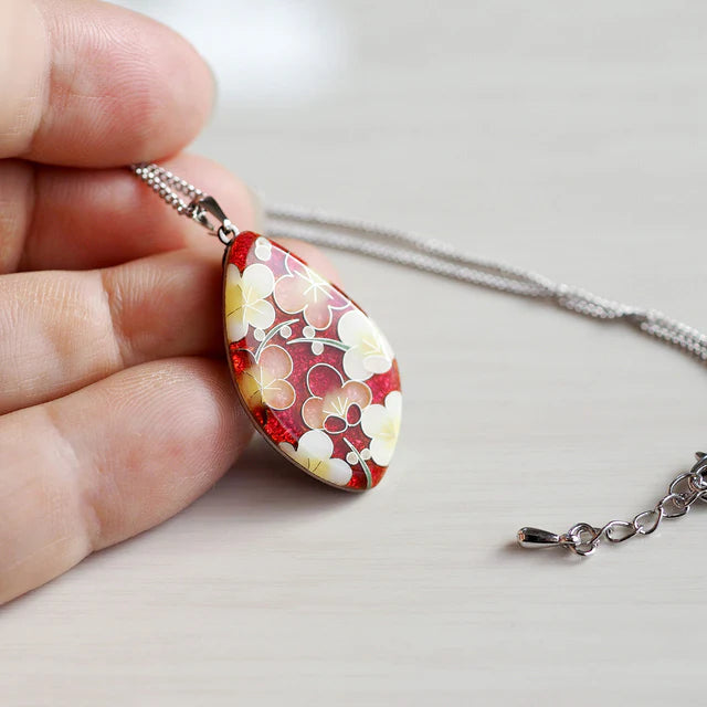 Yusen-Shippo Pendant Necklace - Red-Blossomed Plum Red , Japanese Jewelry