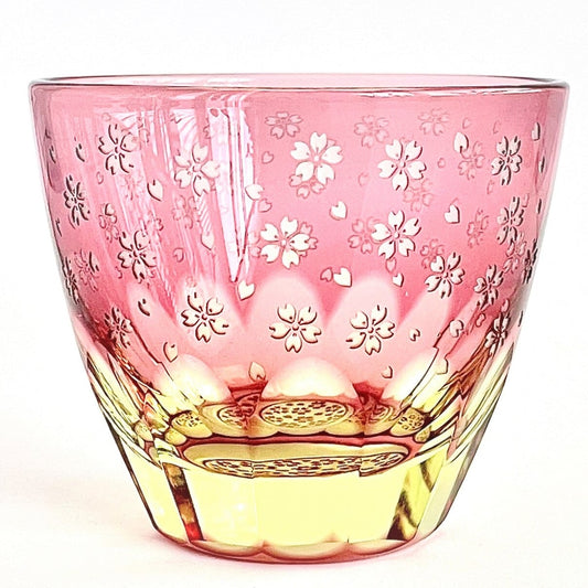 Edo Kiriko Glass Tumbler - Moonlit Cherry Blossom (Pink × Yellow)