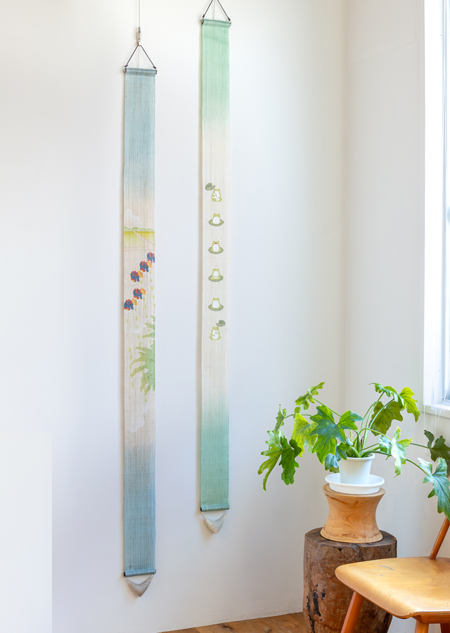 Hand-dyed Linen Japanese Narrow Tapestry - Saotome (rice planting women) -, Kyoto Noren, Japanese wall hanging scroll