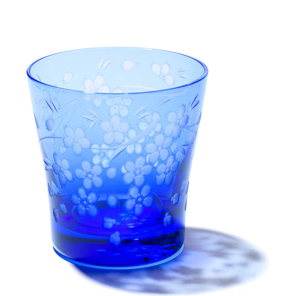 Edo Kiriko Old Glass - Cherry Blossom / Blue - , Rock Glass , Whiskey Glass , Made in Japan , traditional Japanese cut glass