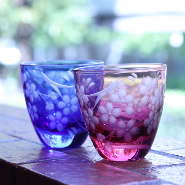 Edo Kiriko Glass Japanese Sake Cup - Cherry Blossom / Blue - , Made in Japan , traditional Japanese cut glass