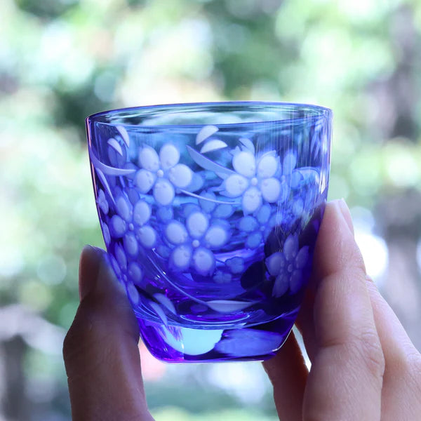 Edo Kiriko Glass Japanese Sake Cup - Cherry Blossom / Blue - , Made in Japan , traditional Japanese cut glass