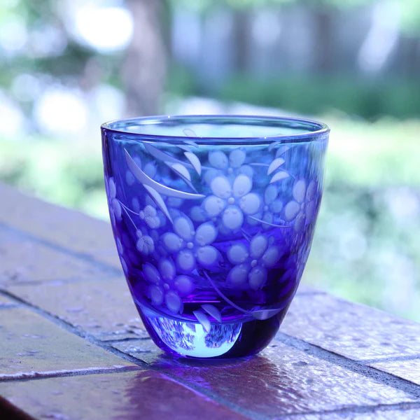 Edo Kiriko Glass Japanese Sake Cup - Cherry Blossom / Blue - , Made in Japan , traditional Japanese cut glass