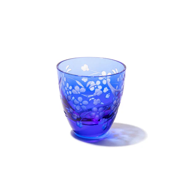 Edo Kiriko Glass Japanese Sake Cup - Cherry Blossom / Blue - , Made in Japan , traditional Japanese cut glass
