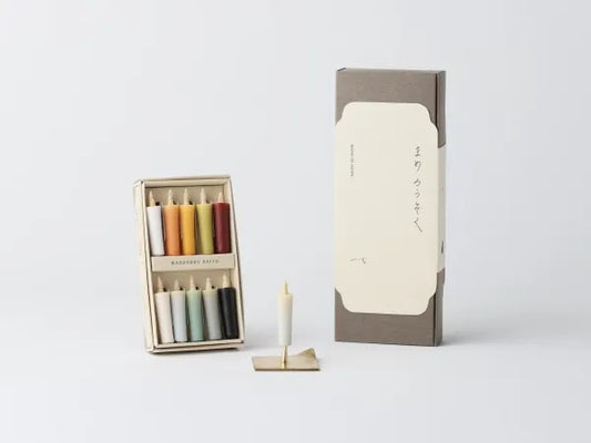 DAIYO Colorful Rice Wax Candles with Brass Candle Stand (Square) Gift set - Earth Colors -, Japanese Wa-Rousoku (Japanese candle)