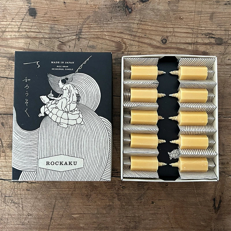 DAIYO Rice Bran Wax Candle ROCKAKU [ Hexagon ] 10 pcs with Candle Plate and Snuffer Set, Japanese Wa-Rousoku (Japanese candle)