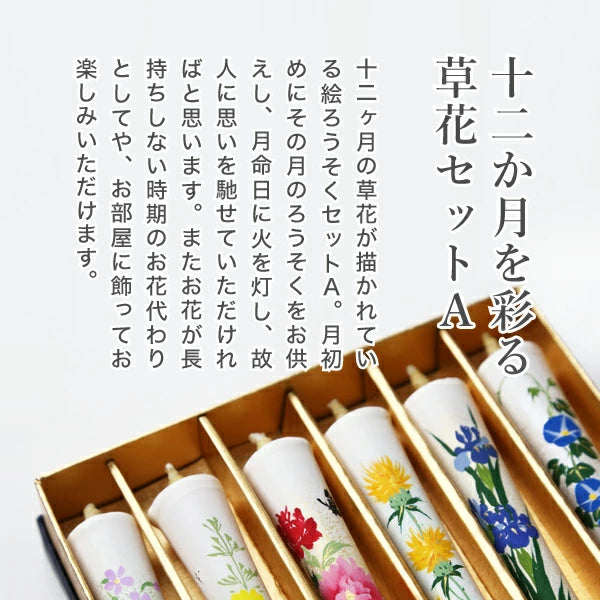DAIYO Special Hand Painted Rice Wax Candles 12 pcs Set - Four Seasons Flower Set A -, Japanese Wa-Rousoku (Japanese candle)