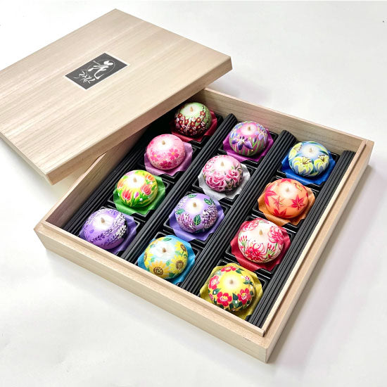 Echigo Flower Candle Hand Painted Round Candles 12 pcs Set - Four Seasons Flower -, Japanese Wa-Rousoku (Japanese candle)