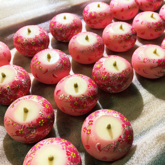 Echigo Flower Candle Hand Painted Round Candle - Cherry Blossom -, Japanese Wa-Rousoku (Japanese candle)