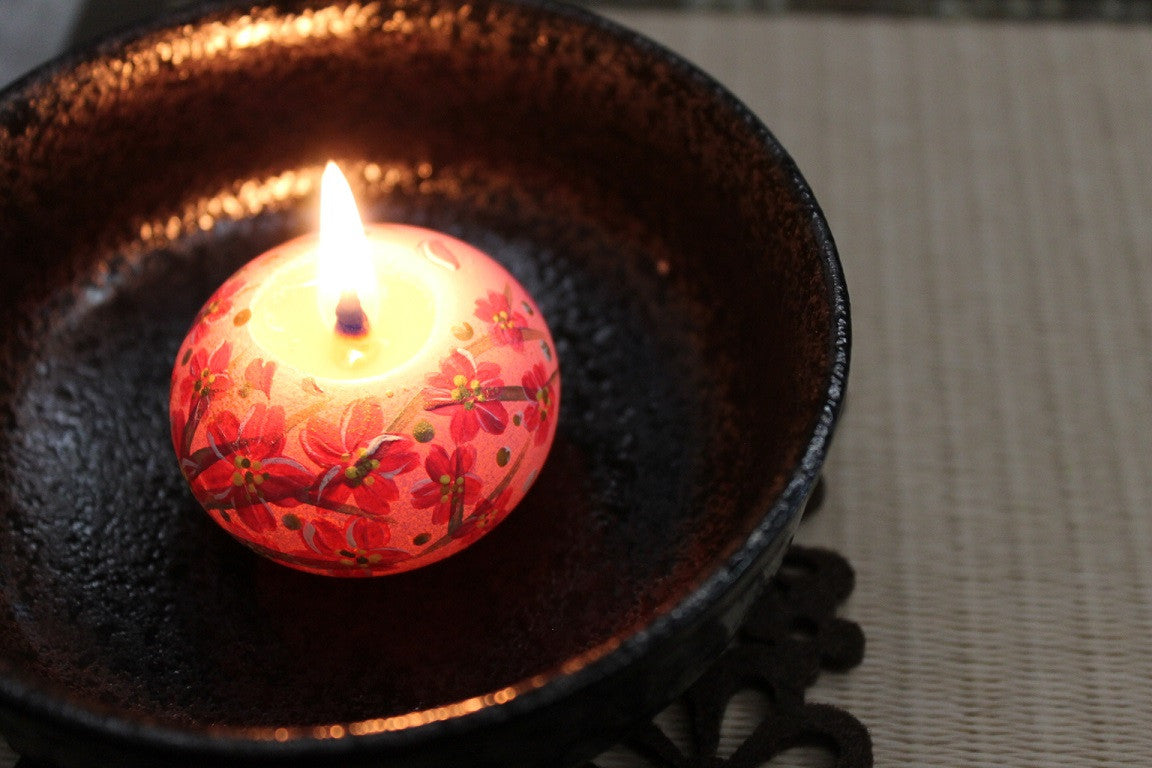 Echigo Flower Candle Hand Painted Round Candle - Cherry Blossom -, Japanese Wa-Rousoku (Japanese candle)