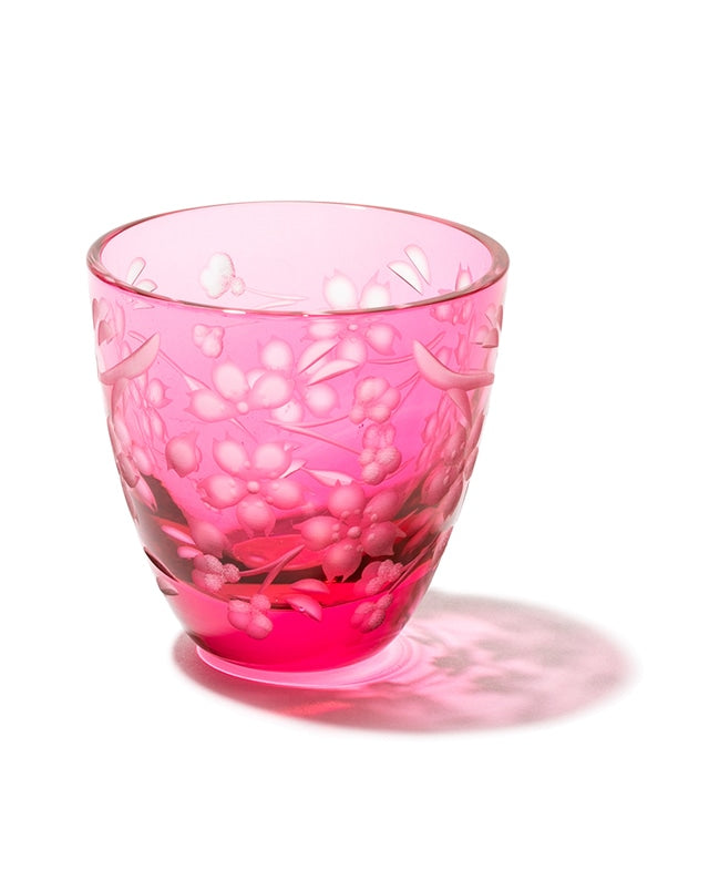 Edo Kiriko Glass Japanese Sake Cup - Cherry Blossom / Pink - , Made in Japan , traditional Japanese cut glass