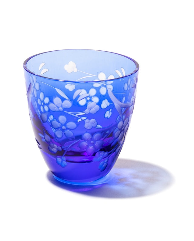 Edo Kiriko Glass Japanese Sake Cup - Cherry Blossom / Blue - , Made in Japan , traditional Japanese cut glass