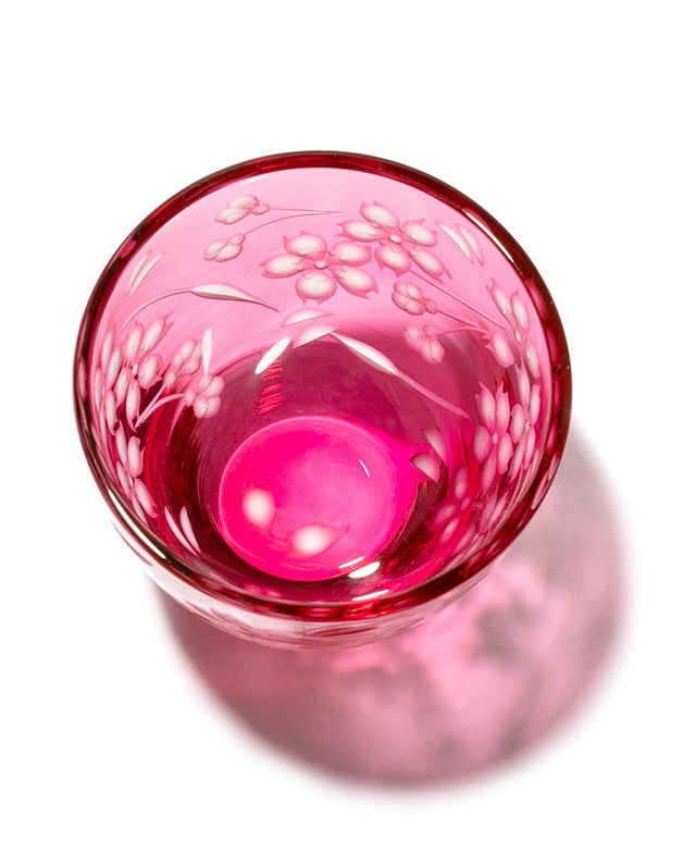Edo Kiriko Glass Japanese Sake Cup - Cherry Blossom / Pink - , Made in Japan , traditional Japanese cut glass