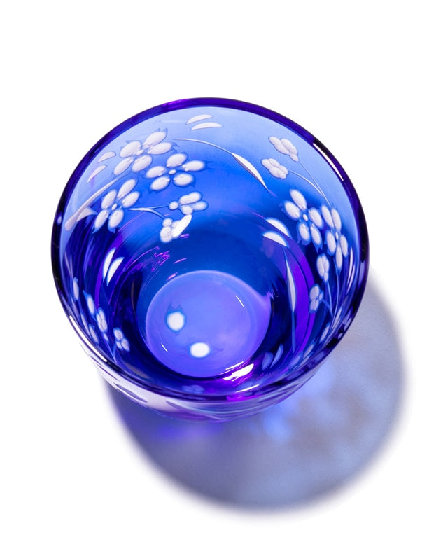 Edo Kiriko Glass Japanese Sake Cup - Cherry Blossom / Blue - , Made in Japan , traditional Japanese cut glass