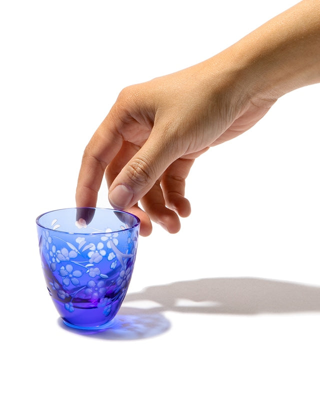 Edo Kiriko Glass Japanese Sake Cup - Cherry Blossom / Blue - , Made in Japan , traditional Japanese cut glass