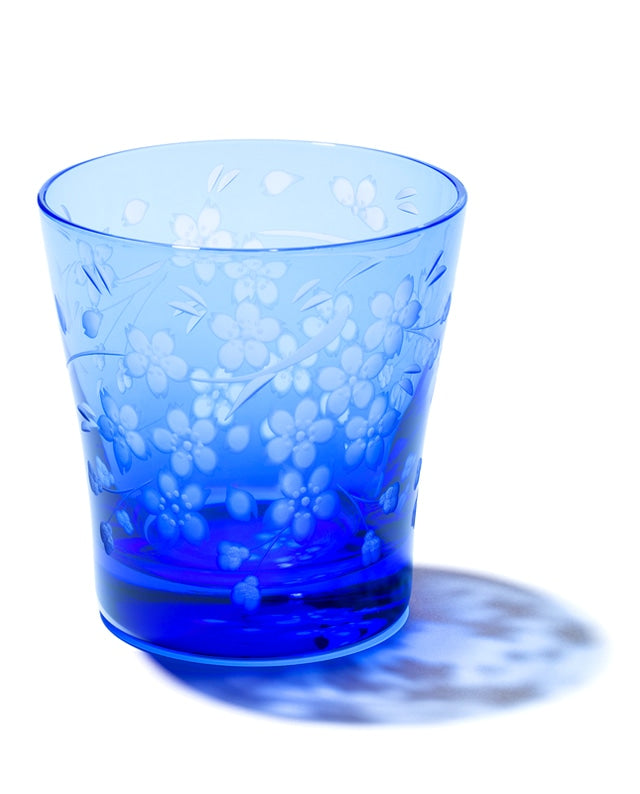 Edo Kiriko Old Glass - Cherry Blossom / Blue - , Rock Glass , Whiskey Glass , Made in Japan , traditional Japanese cut glass